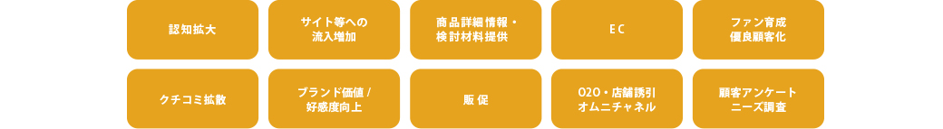 周知拡大　　サイト等への導入増加　　商品詳細情報・検討材料提供　　ＥＣ　　ファン育成優良顧客化　　クチコミ拡散　　ブランド価値／好感度向上　　Ｏ２０・店舗誘引オムニチャネル　　顧客アンケートニーズ調査