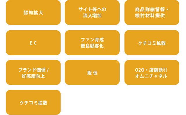 周知拡大　　サイト等への導入増加　　商品詳細情報・検討材料提供　　ＥＣ　　ファン育成優良顧客化　　クチコミ拡散　　ブランド価値／好感度向上　　Ｏ２０・店舗誘引オムニチャネル　　顧客アンケートニーズ調査