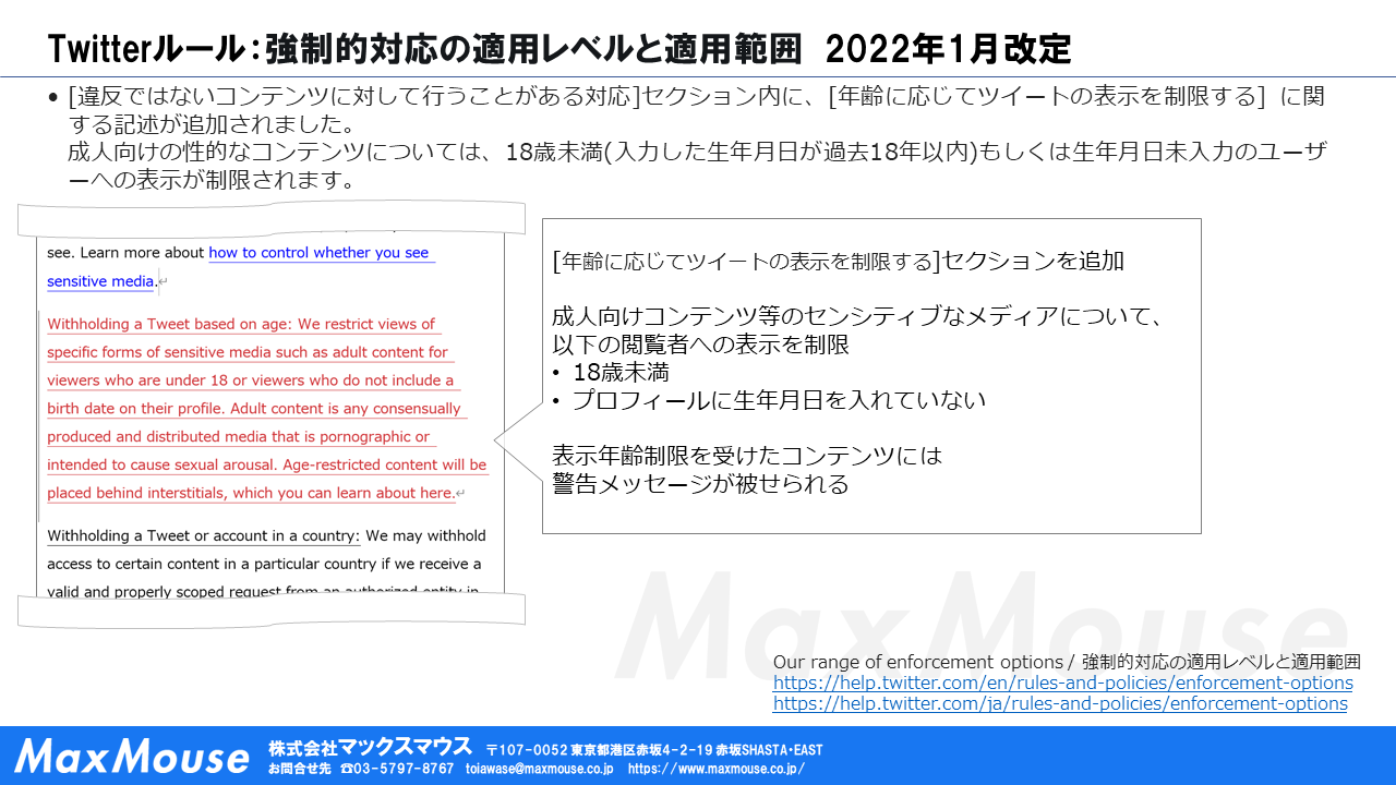 図：Twitterルール　強制的対応の適用レベルと適用範囲　2022年1月改定